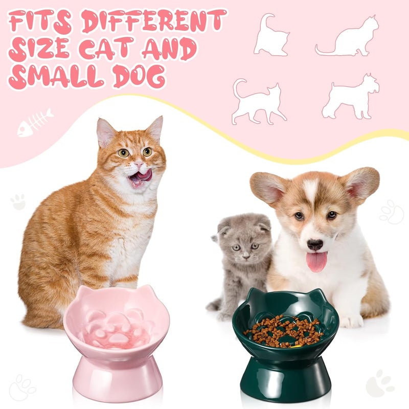 Funnymoom 2 Pcs Ceramic Elevated Slow Feeder Cat Bowl Cute Tilted Anti Vomiting Raised Cat Bowl for Dry Wet Food and Water Easy to Clean High Edge Pet for Small Dogs(Dark Green, Pink) - Image 5